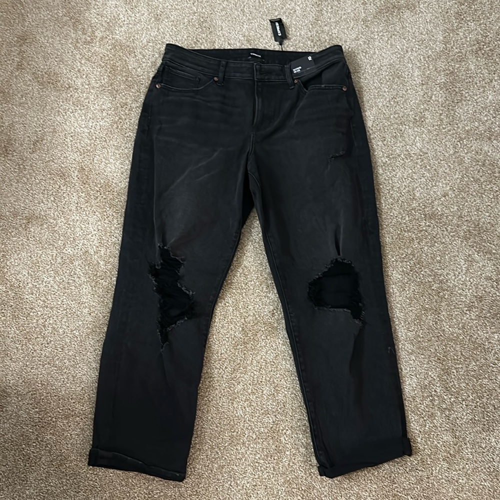 NWT Express distressed Boyfriend Mid Rise Black denim jeans size 12